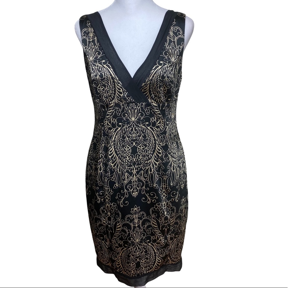 Jones New York Black Gold Pattern Embellished Midi Cocktail Party Dress Petite 6